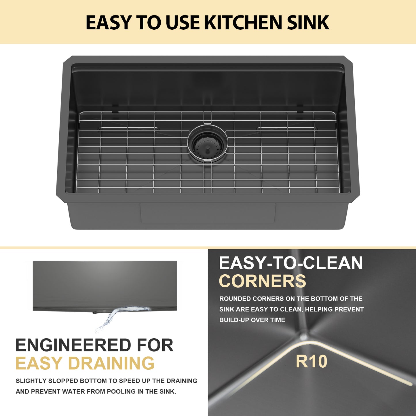 Kichae 30'' x 19'' Gunmetal Black Undermount Workstation Kitchen Sink 16 Gauge Stainless Steel Single Bowl Sink with Full Workstation Accessories