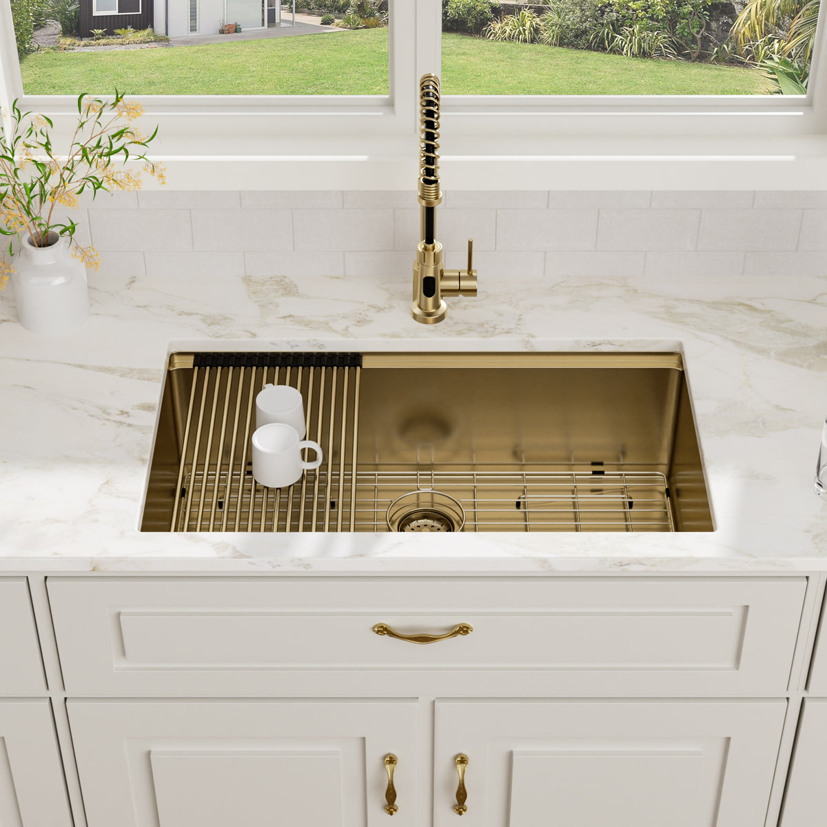 Kichae 36 Inch Gold Undermount Workstation Kitchen Sink 16 Gauge T304 Stainless Steel