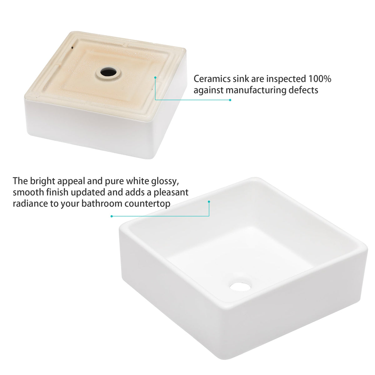 Kichae 15 x 15 Inch Vessel Sink Modern Square Above Counter White Ceramic Bathroom Vessel Vanity Sink Art Basin Kichae USA