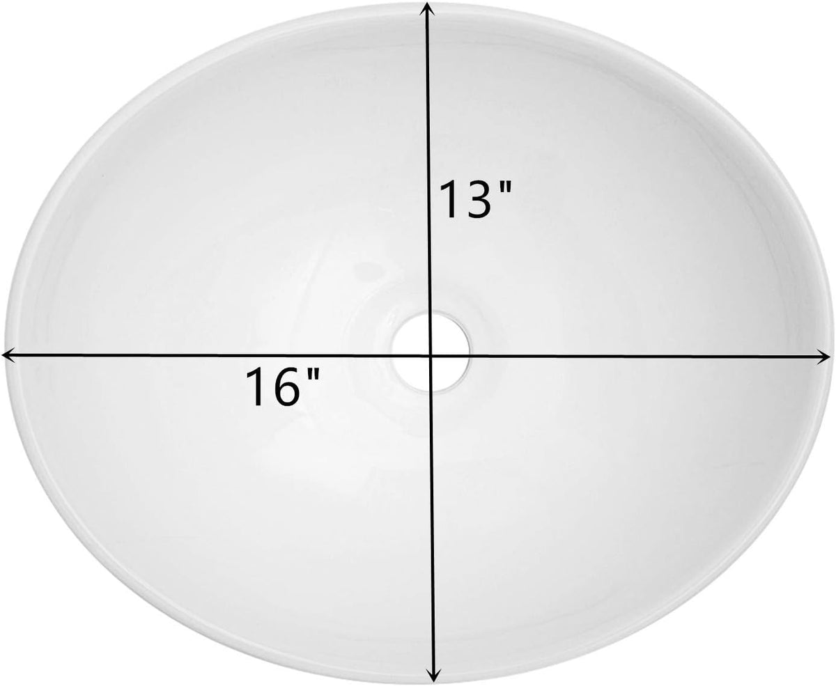 Kichae Oval Vessel Sink - 16in x13in Modern Bathroom Sink Egg Oval Shape Countertop White Porcelain Ceramic Vessel Vanity Sink Art Basin Kichae USA