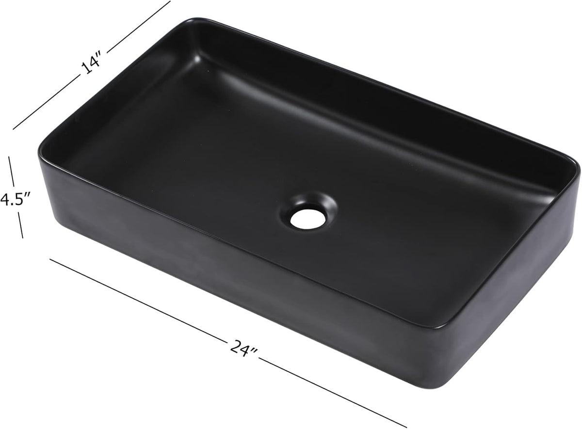 Kichae Vessel Sink Rectangle- 24in x14in Modern Rectangular Top Counter Bathroom Sink Matte Black Porcelain Ceramic Lavatory Sink Bowl Art Basin Kichae USA