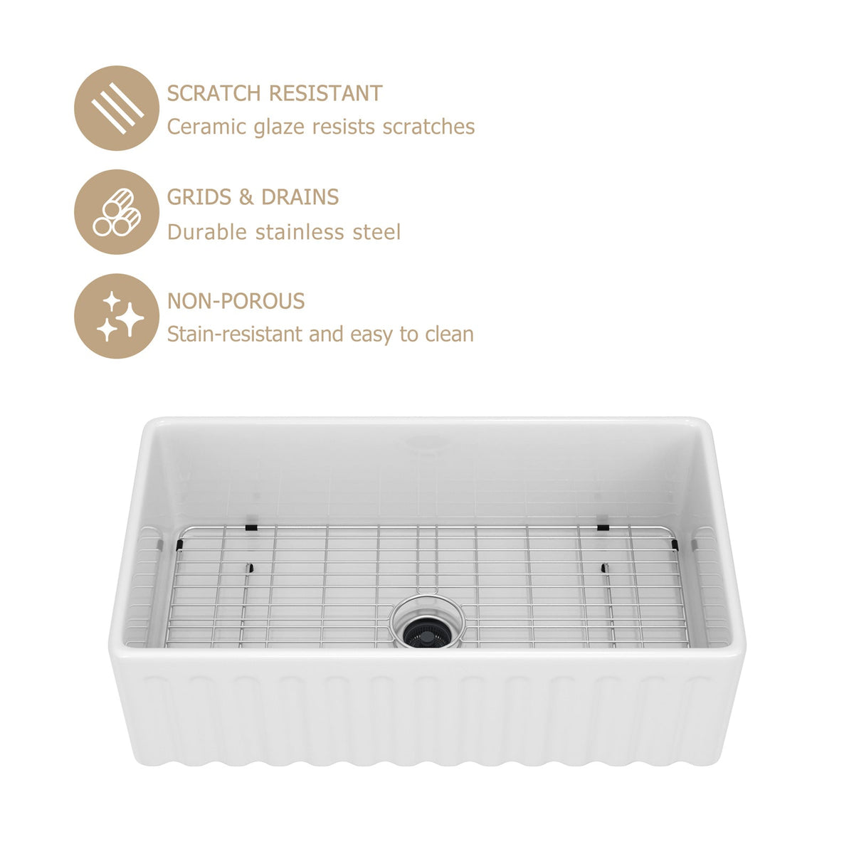 Kichae 33'' x 18'' Reversible White Fireclay Farmhouse Kitchen Sink, Single Bowl Apron Front Sink with Basin Rack & Drain Assembly Kichae USA
