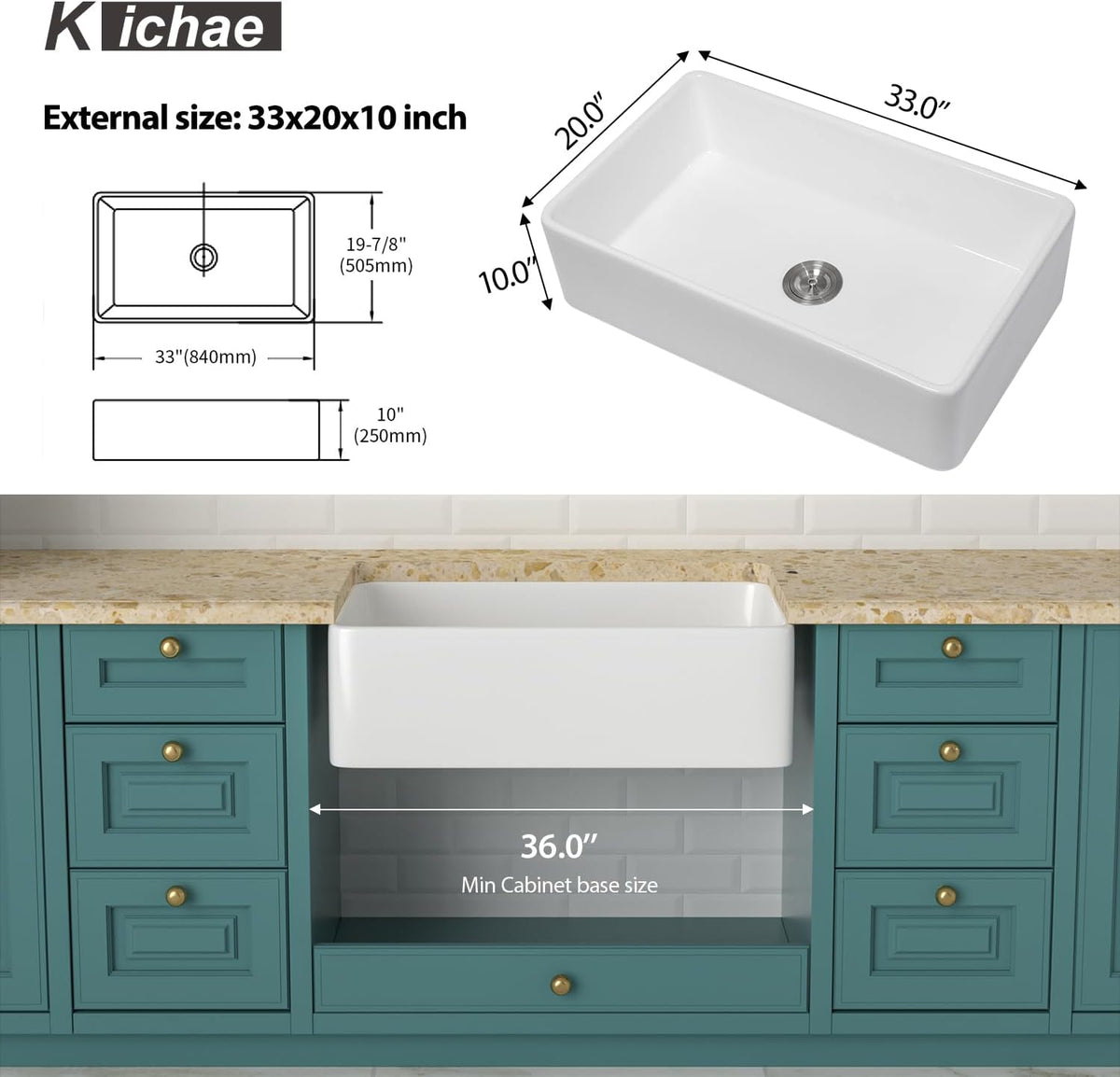 Kichae 33 Inch White Fireclay Farmhouse Sink 33x20 Inch Apron Front Single Bowl Ceramic Kitchen Sink Kichae USA