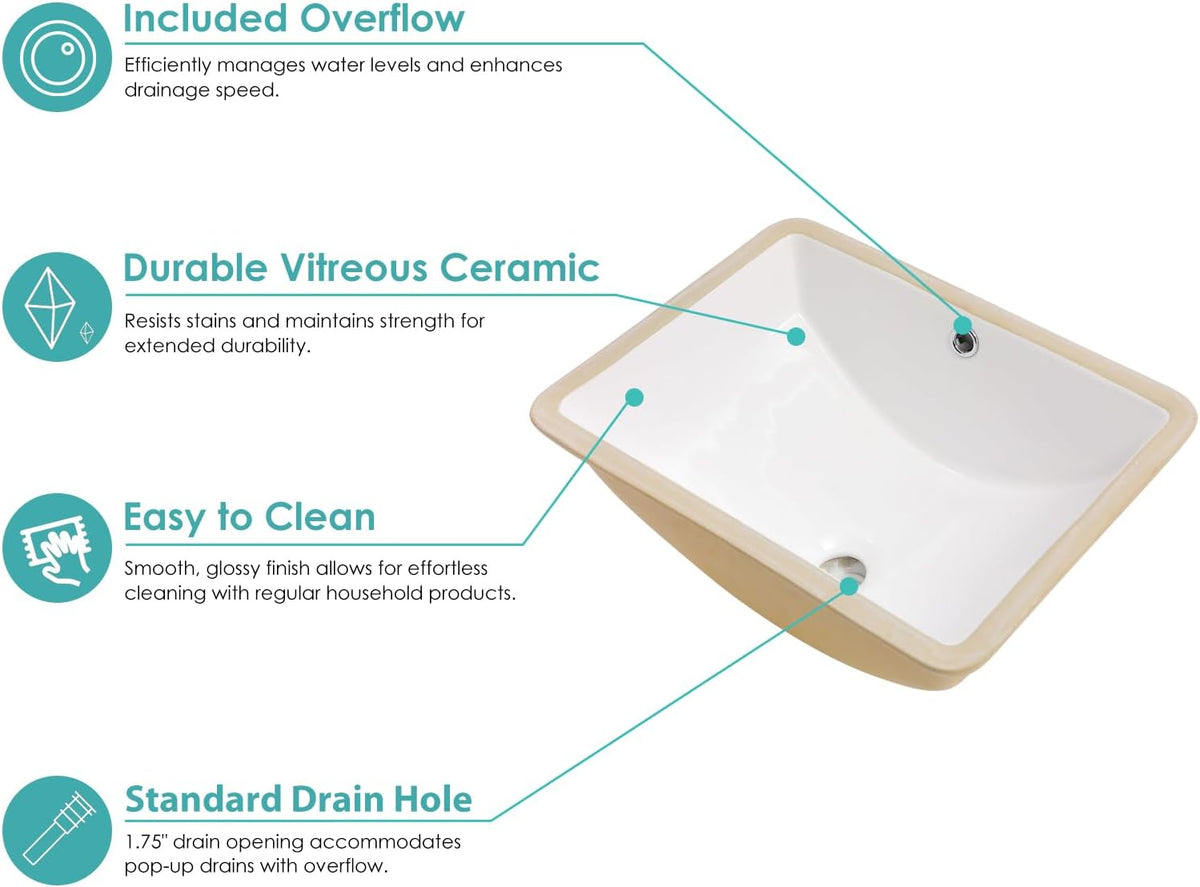 Kichae 18'' x 14'' White Rectangular Undermount Bathroom Sink Ceramic Vanity Sink with Overflow for Powder Room Kichae USA