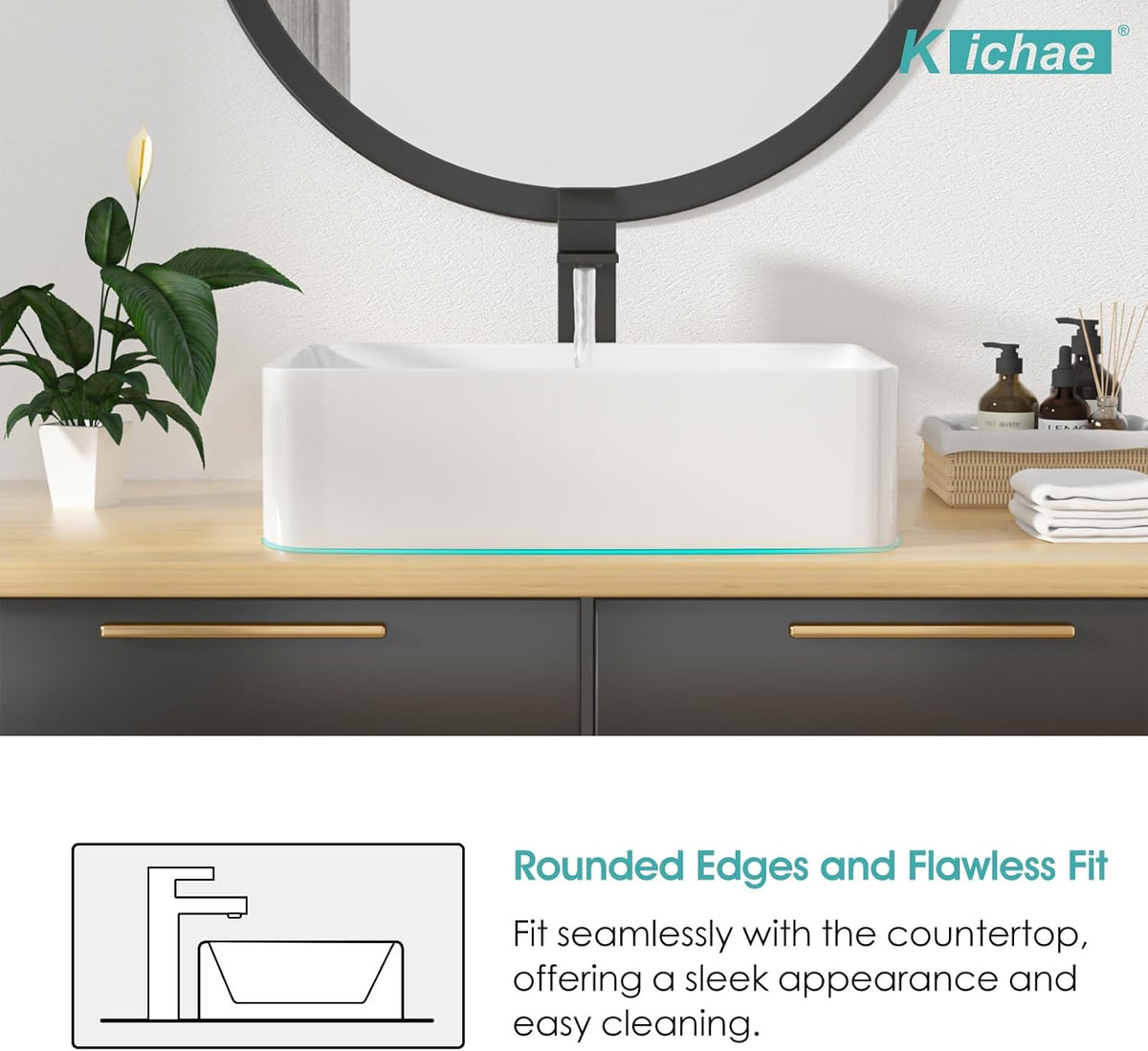 Kichae Rectangular Vessel Sink - 21in x 13in Modern Bathroom Vessel Sink White Porcelain Ceramic Rectangle Above Counter Vessel Vanity Sink Art Basin Kichae USA