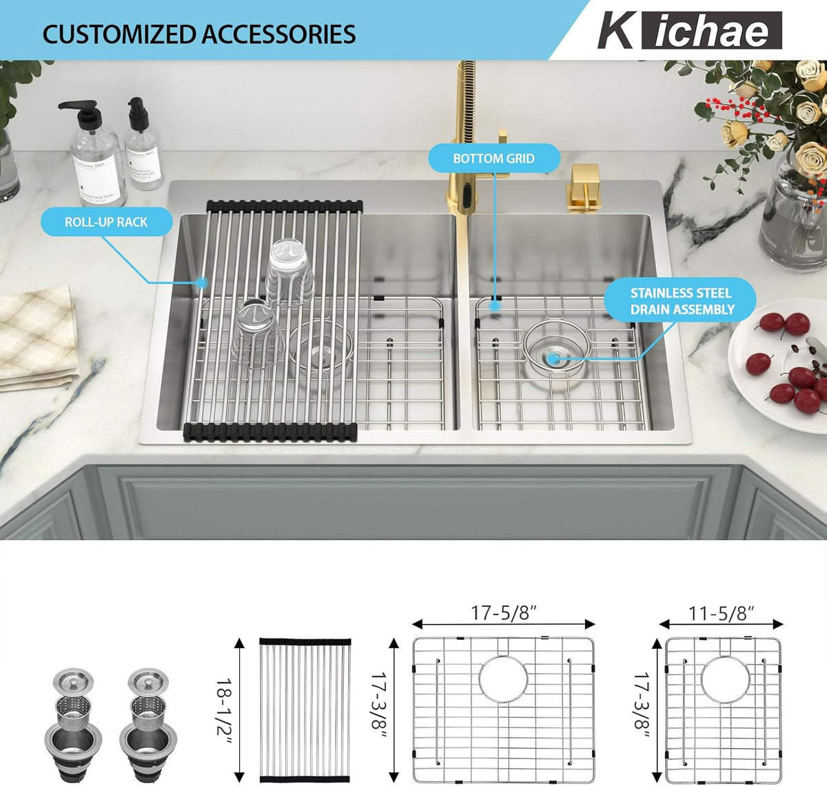 Kichae 33 Kitchen Sink Drop In - 33 Inch Double Bowl Kitchen Sink 60/40 Stainless Steel Drop In Top Mount Overmount Kitchen Sink Handmade Basin Kichae USA