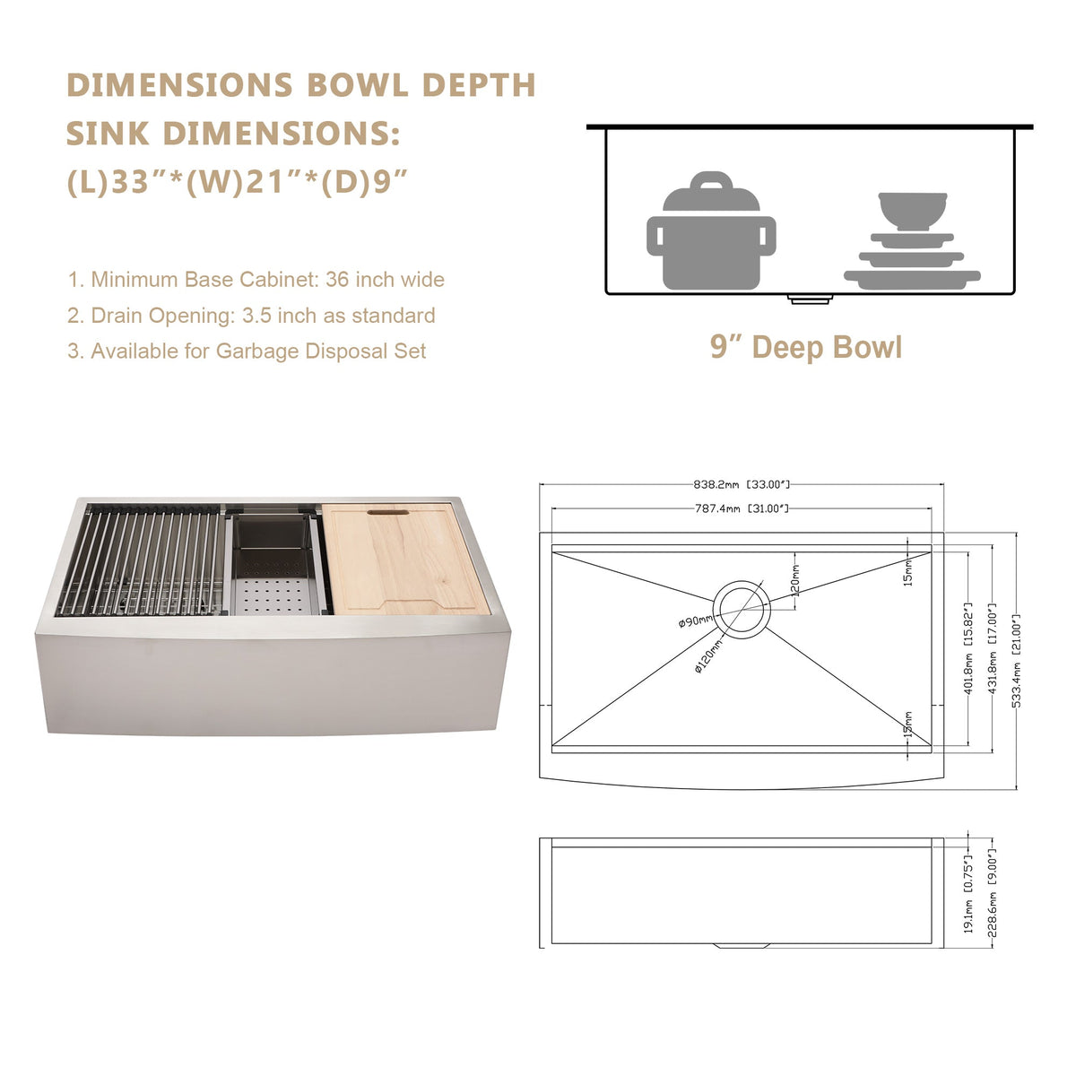 Kichae 33 Inch Farmhouse Apron Front Workstation Sink 16 Gauge Stainless Steel Single Bowl Kitchen Sink Kichae USA