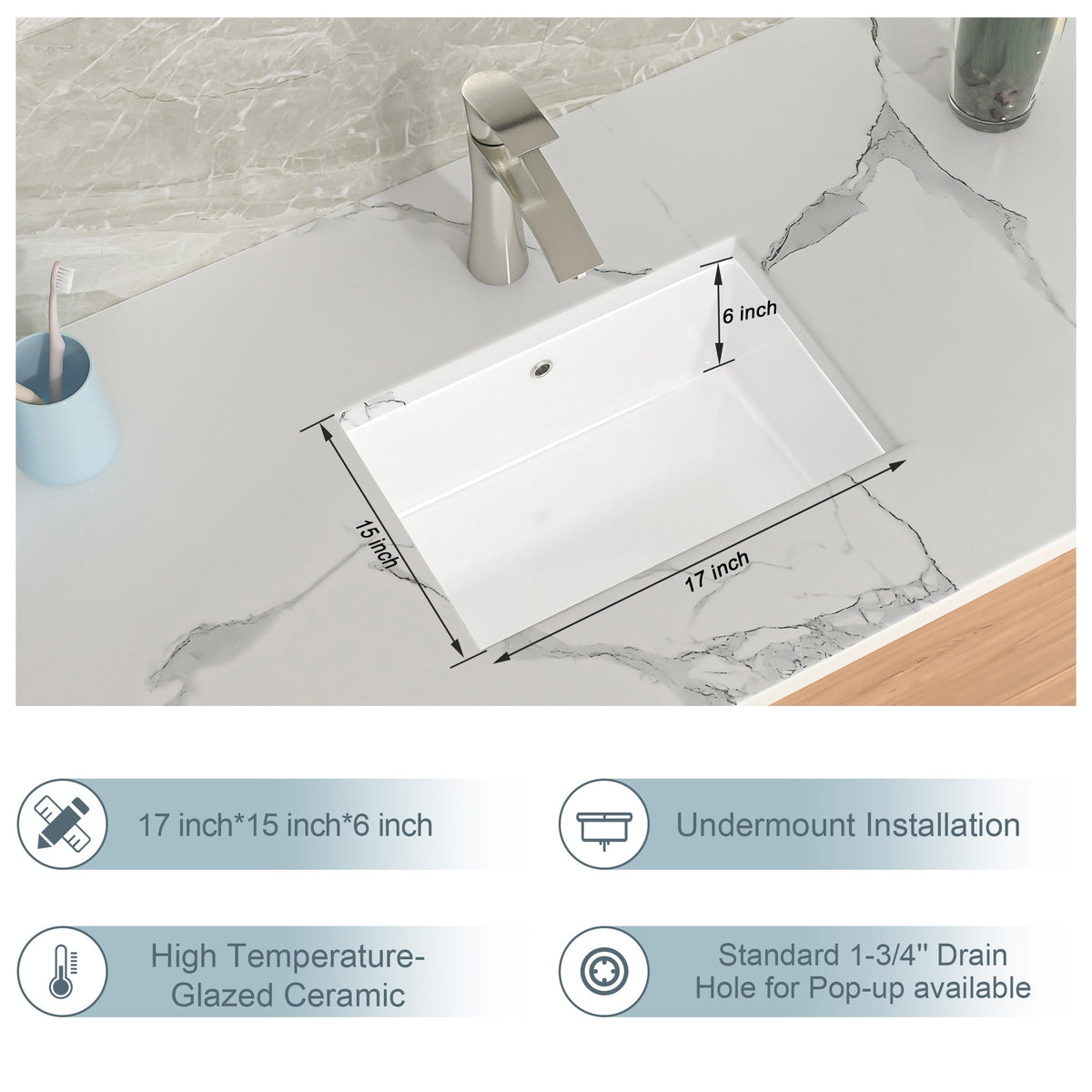 Kichae Bathroom Sink, White Ceramic Undermount Rectangular Bathroom Lavatory Vanity Sink Kichae USA
