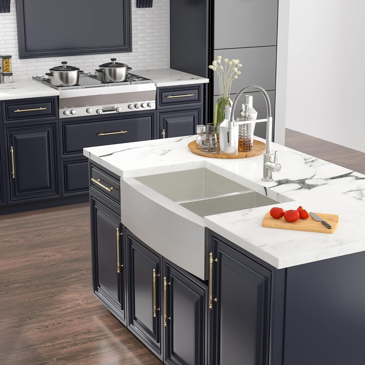 Kichae 36 Apron Double Farmhouse Sink - 36 Inch Apon Front Kitchen Farm Sink Stainless Steel Double Bowl 50/50 Modern Handmade Farmhouse Sink Basin Kichae USA