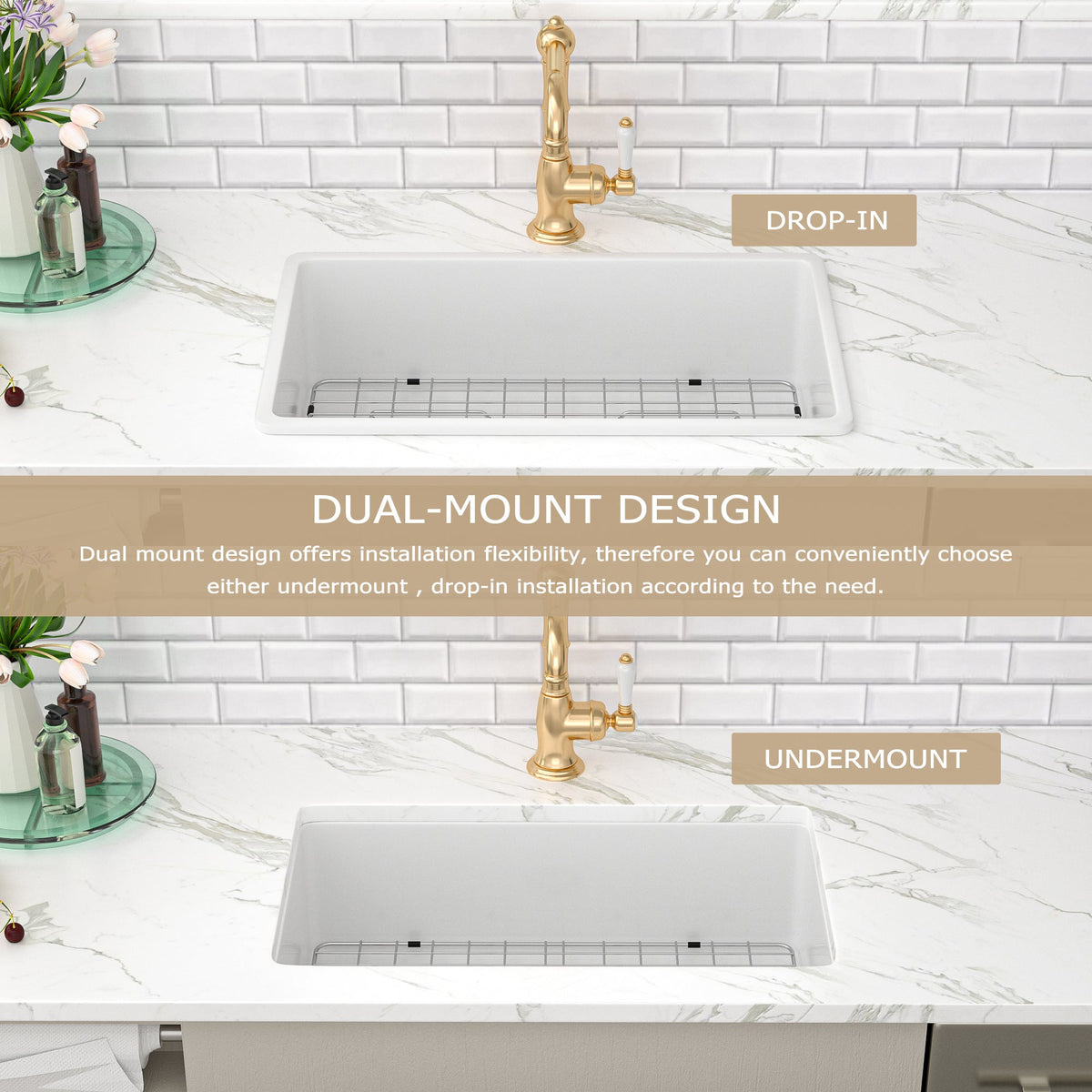 Kichae 32 Inch White Fireclay Undermount Kitchen Sink Single Bowl Ceramic Sink with Accessories Kichae USA
