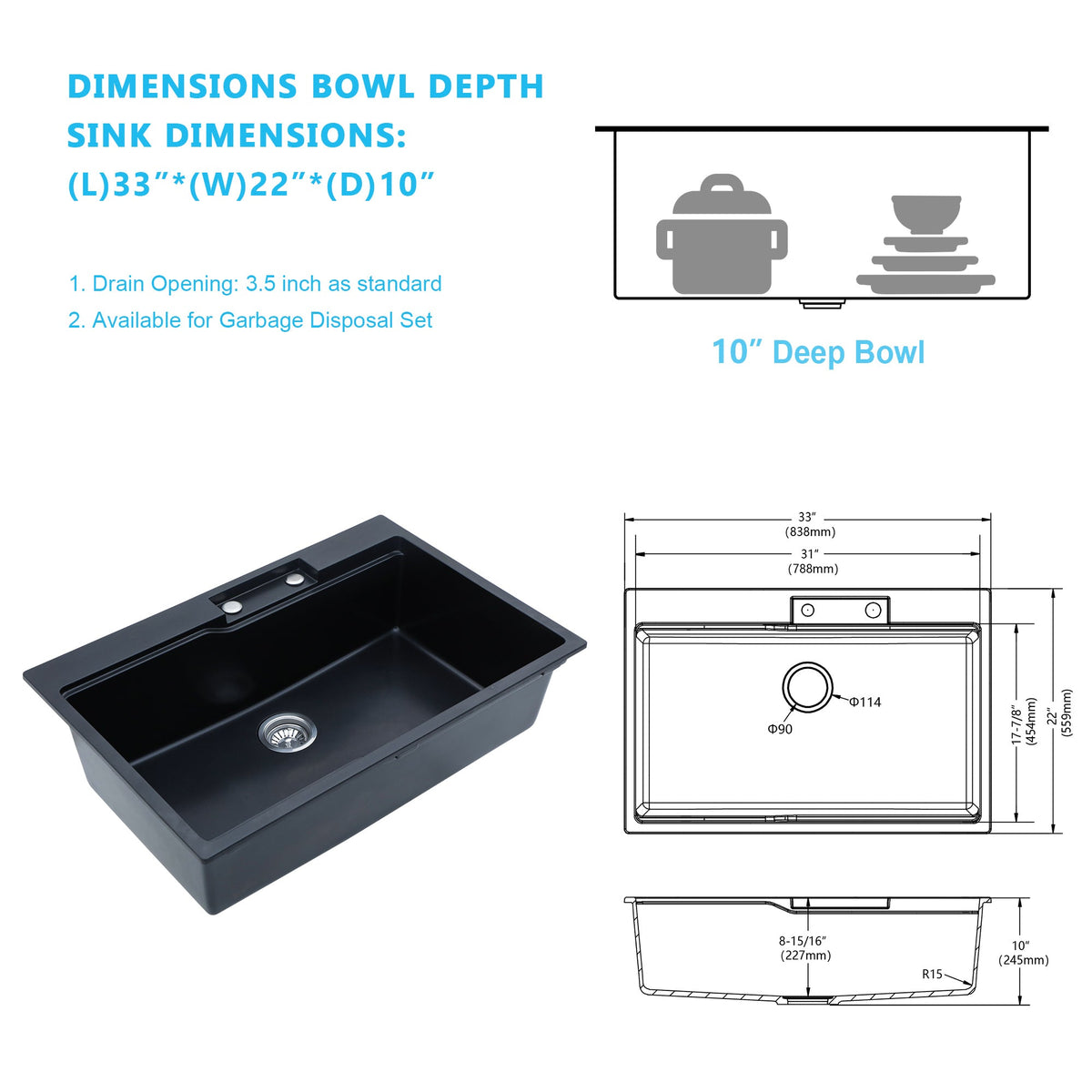 Kichae 33''x22'' Black Quartz Drop-In Workstation Waterfall Sink Single Bowl Kichae USA