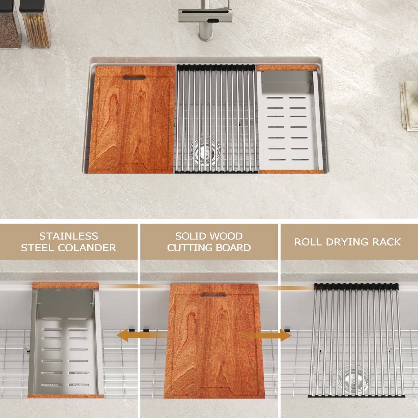 Kichae 33" x 19" White Fireclay Undermount Workstation Kitchen Sink Single Bowl Sink with Full Accessories