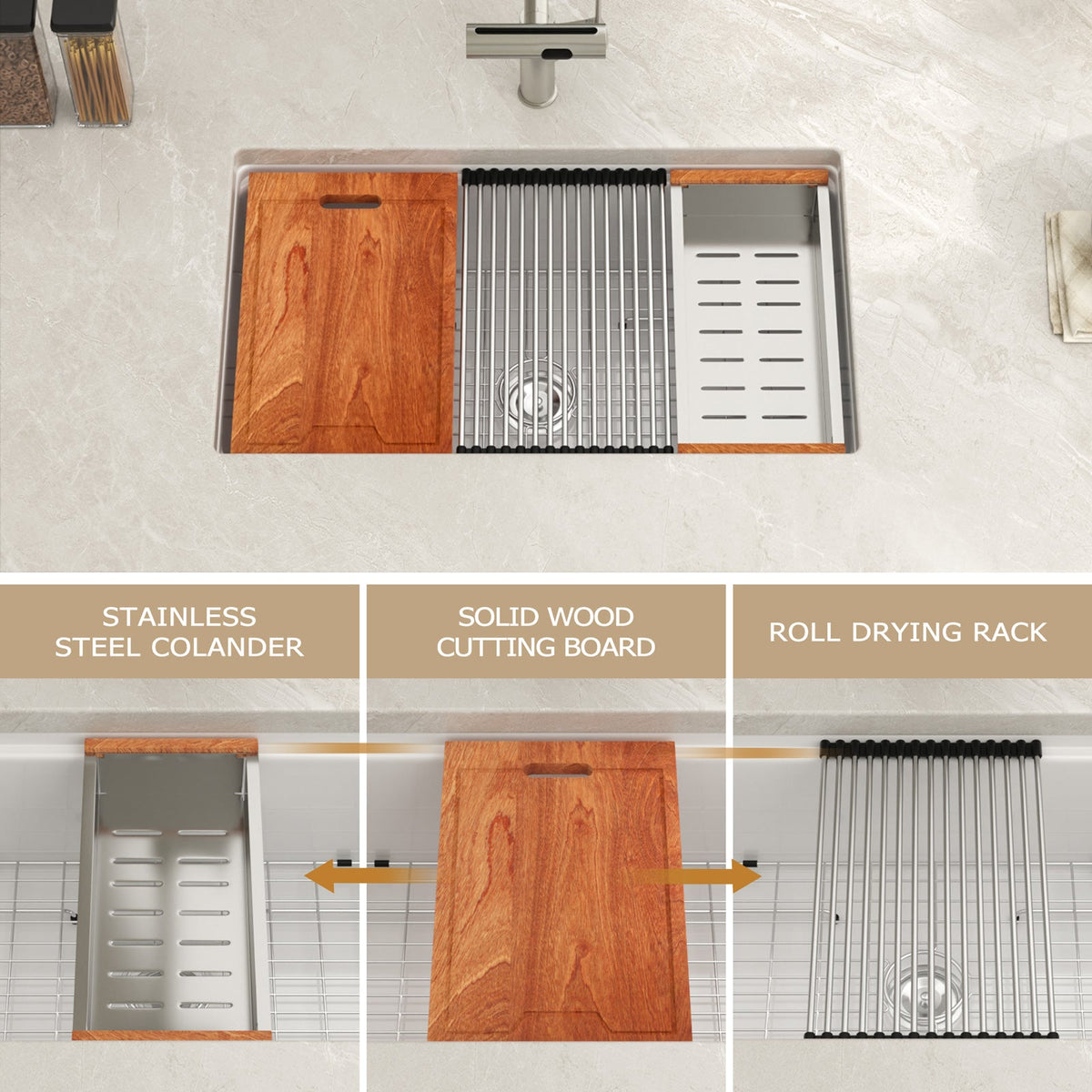 Kichae 33'' x 19'' White Fireclay Undermount Workstation Kitchen Sink Single Bowl Sink with Full Accessories Kichae USA