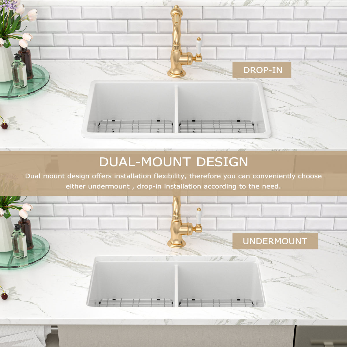 Kichae 32 Inch White Fireclay Dual Mount Kitchen Sink 50/50 Double Bowl Basin