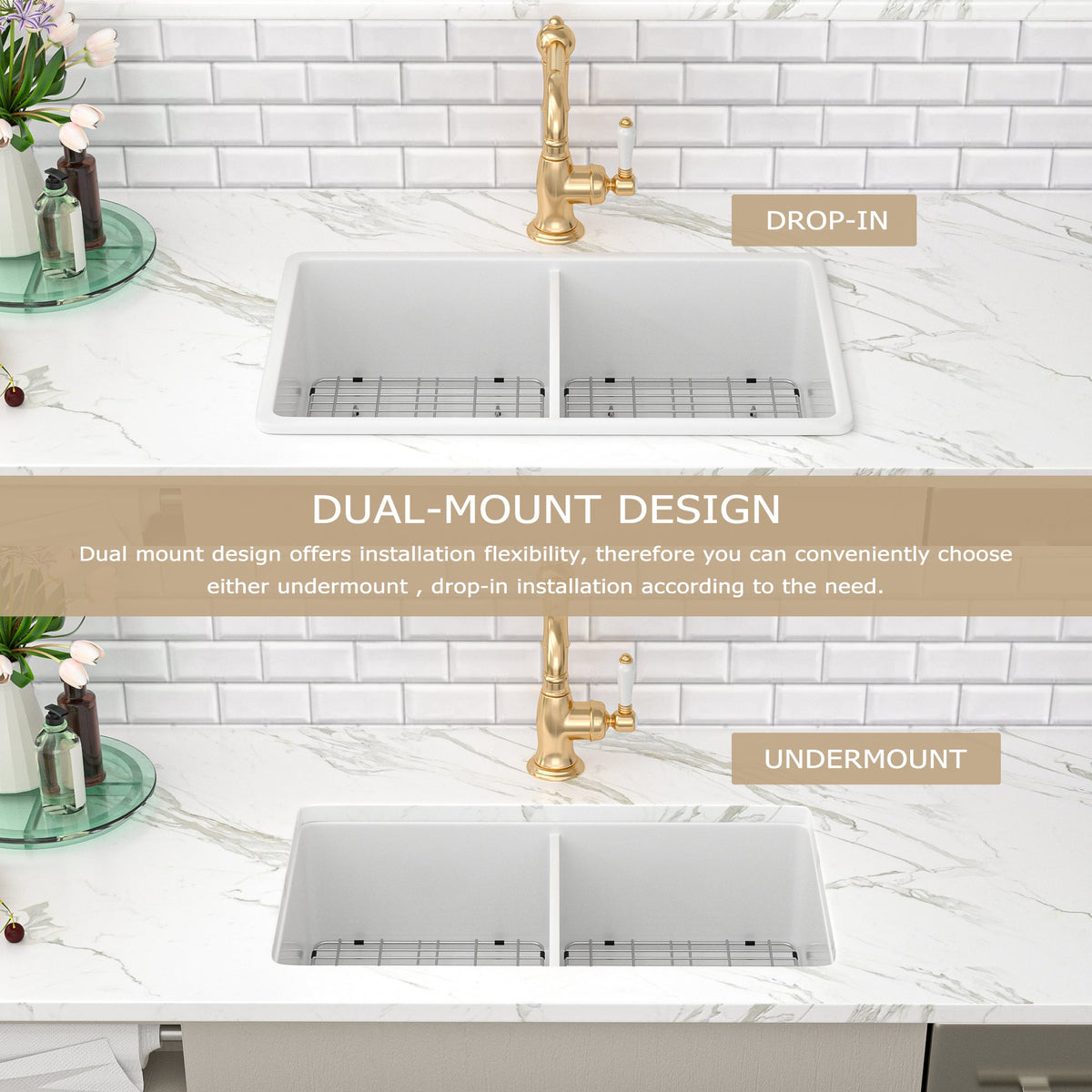 Kichae 32 Inch White Fireclay Dual Mount Kitchen Sink 50/50 Double Bowl Basin Kichae USA