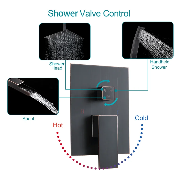16 Inch Rainfall Square Shower System with Handheld Shower and Waterfall Faucet Ceiling Mounted Kichae USA