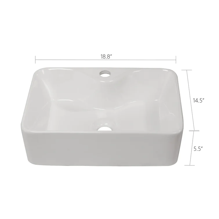 18-4/5''Wx14-1/2''Dx5-1/2''H Bathroom Vessel Sink White Ceramic Rectangular with 1 Faucet Hole Kichae USA