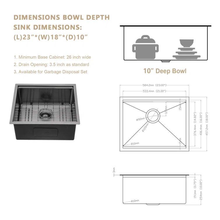 23'' W x 18'' D Undermount Kitchen Sink Workstation Sink Single Bowl with Cutting Board