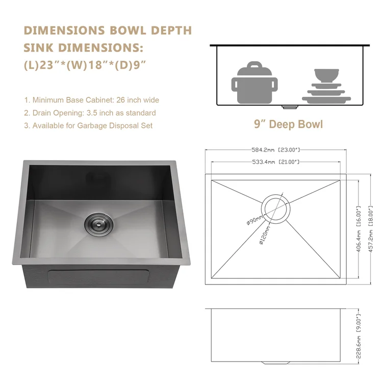 Kichae 23"x18" Undermount Kitchen Sink Bar Sink Single Bowl 18 Gauge Stainless Steel Outdoor Prep Sink with Full Accessories
