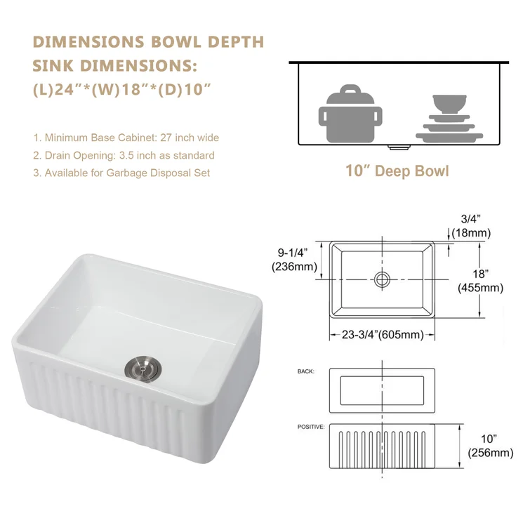 24'' W x 18'' D Farmhouse Kitchen Sink White Ceramic with Bottom Grid Apron Front Kichae USA