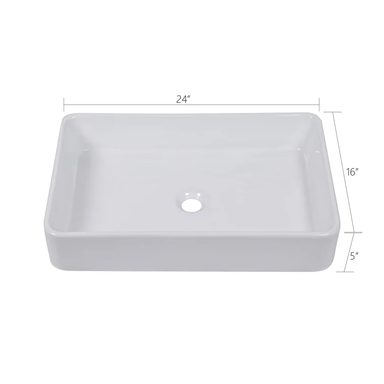 24''Wx16''Dx5''H Bathroom Vessel Sink White Ceramic Rectangular Top-Mounted Kichae USA