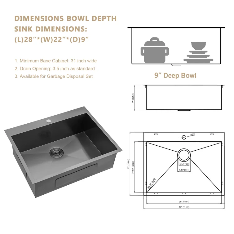 28'' W X 22'' D Topmount Kitchen Sink Gunmetal Black Right Angle with Basin Rack