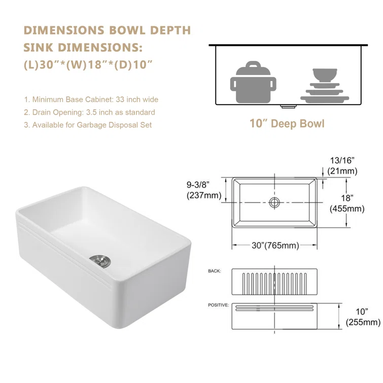 30'' W x 18'' D Farmhouse Kitchen Sink White Ceramic Single Bowl with Drain Assembly Kichae USA