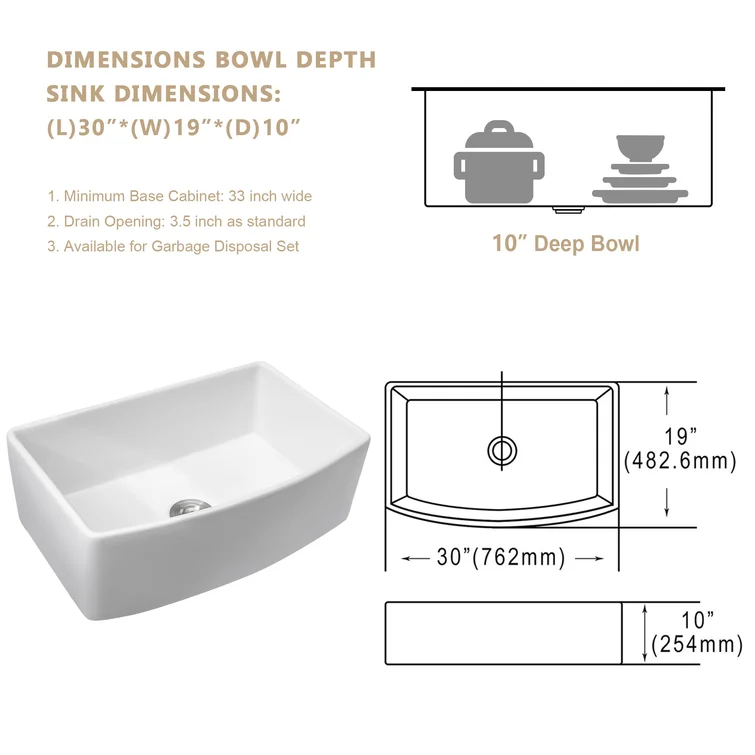 30'' W x 19'' D Farmhouse Kitchen Sink Radian Single Deep Bowl White Ceramic with Sink Grid Kichae USA