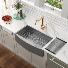 Load image into Gallery viewer, 30&quot; W x 20&quot; D Farmhouse Kitchen Sink Gunmetal Black Single Sowl with Bottom Grid Apron Front
