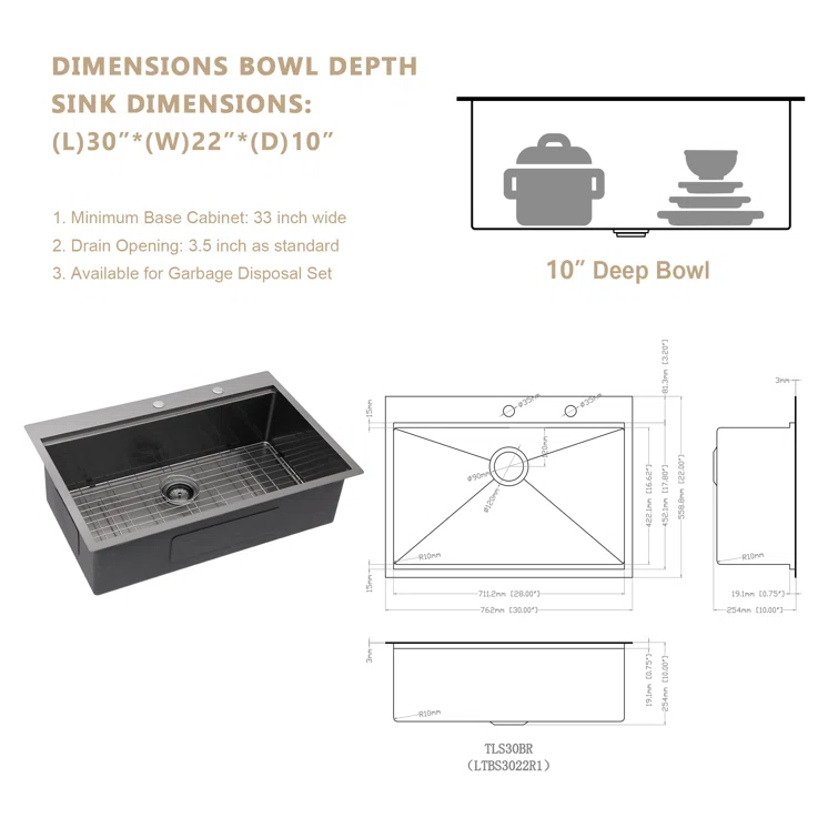 30'' W x 22'' D Topmount Kitchen Sink Workstation Sink Gunmetal Black Single Bowl Stainless Steel Kichae USA