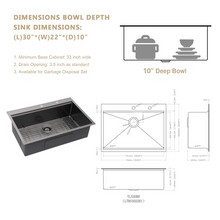 Load image into Gallery viewer, 30&quot; W x 22&quot; D Topmount Kitchen Sink Workstation Sink Gunmetal Black Single Bowl Stainless Steel
