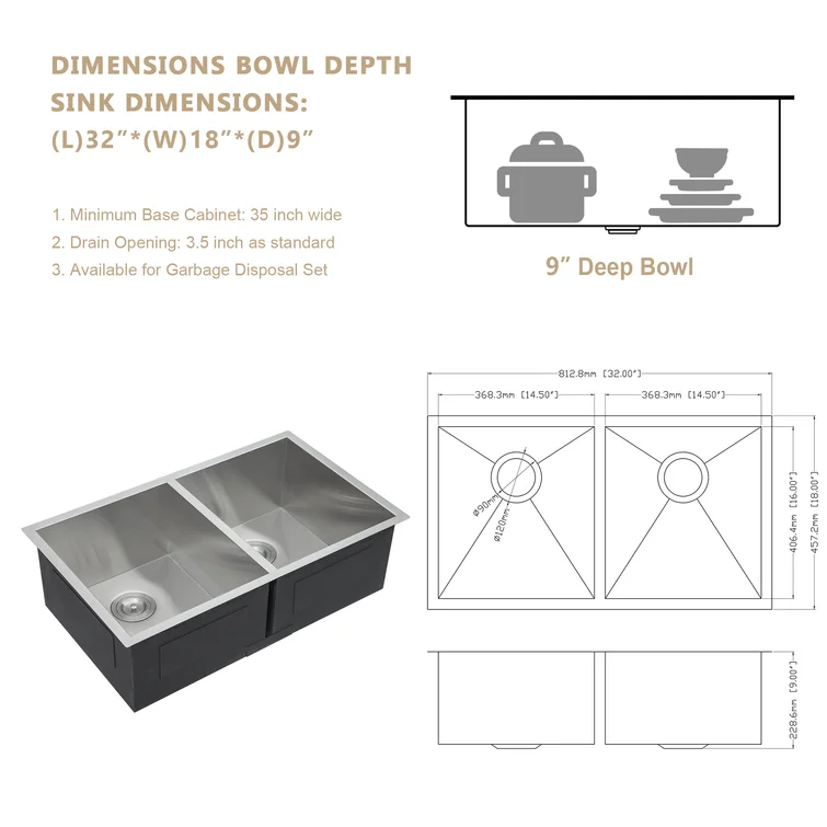 32'' W x 18'' D Undermount Kitchen Sink Double Equal Bowl Stainless Steel with Accessories Kichae USA