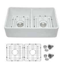 Load image into Gallery viewer, 32&quot; W x 20&quot; D Farmhouse Kitchen Sink Double Equal Bowl White Ceramic with Basket Strainer
