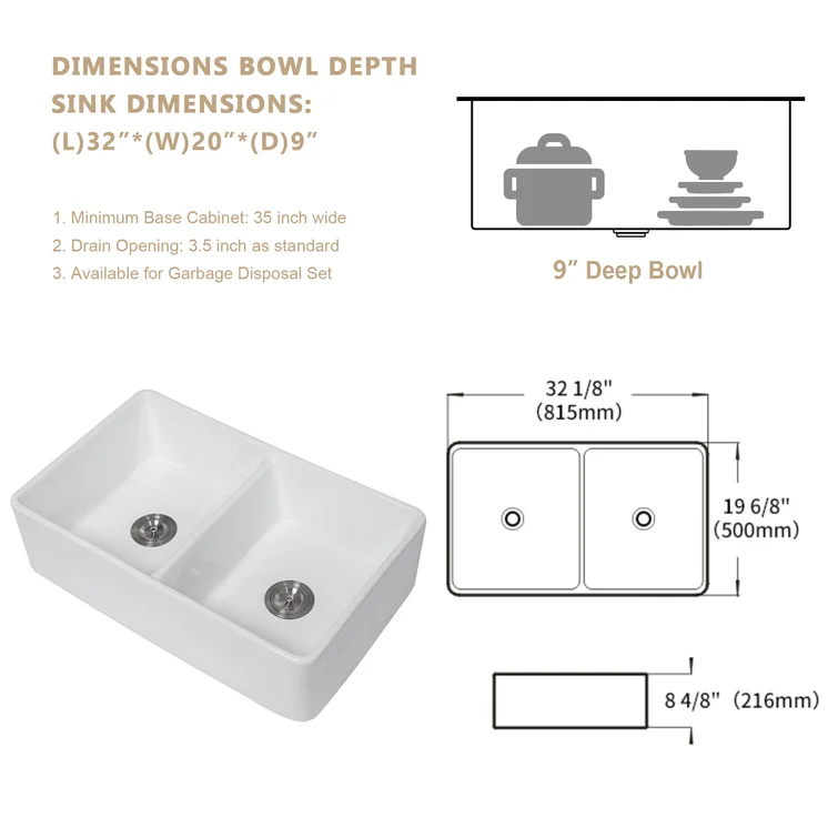 32'' W x 20'' D Farmhouse Kitchen Sink Double Equal Bowl White Ceramic with Basket Strainer Kichae USA