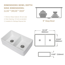 Load image into Gallery viewer, 32&quot; W x 20&quot; D Farmhouse Kitchen Sink Double Equal Bowl White Ceramic with Basket Strainer
