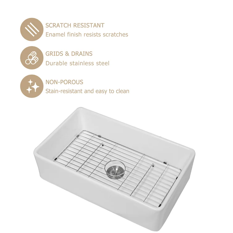 33'' W x 20'' D Farmhouse Kitchen Sink White Ceramic with Bottom Grid Apron Front Kichae USA