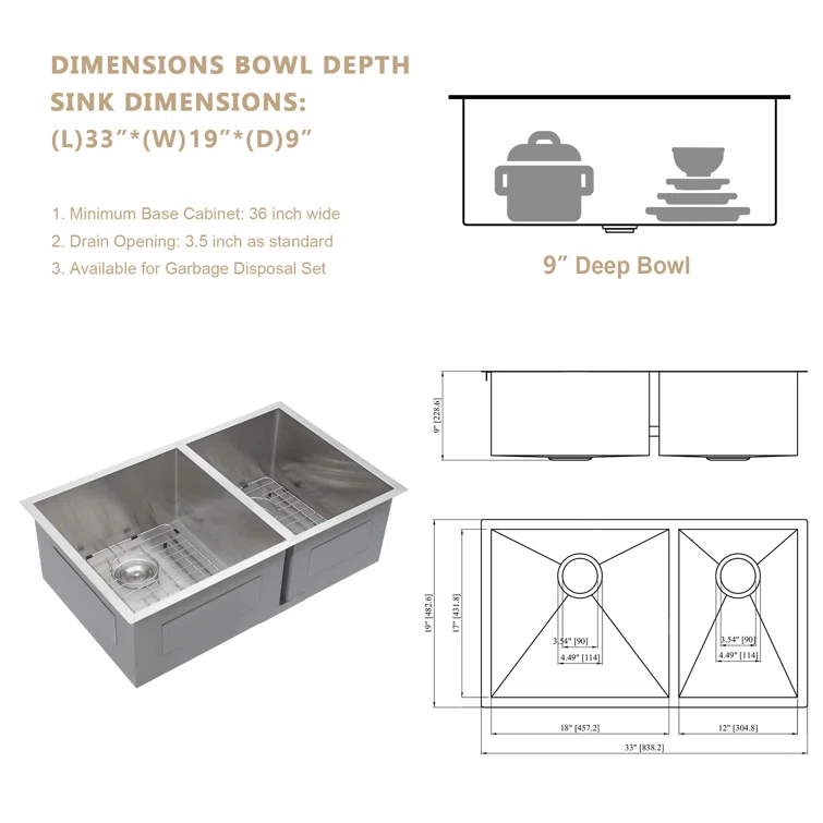 33'' W x 19'' D Undermount Kitchen Sink Double Offset Bowl 18 Gauge Stainless Steel with Sink Grid Kichae USA
