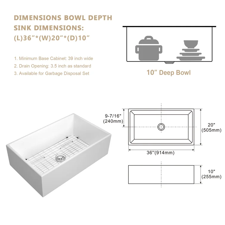 36'' W x 20'' D Farmhouse Kitchen Sink White Porcelain with Accessories Apron Front Kichae USA