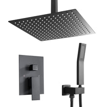 Load image into Gallery viewer, 10 Inch Rainfall Square Shower System with Handheld Shower Ceiling Mounted in Matte Black (Valve Included)
