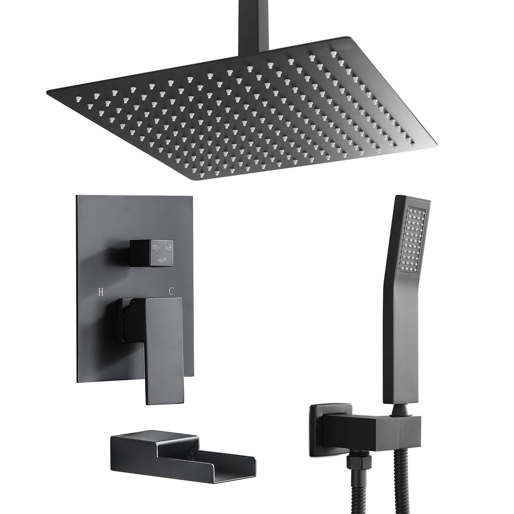12 Inch Rainfall Square Shower System with Handheld Shower and waterfall Faucet Ceiling Mounted (Valve Included)