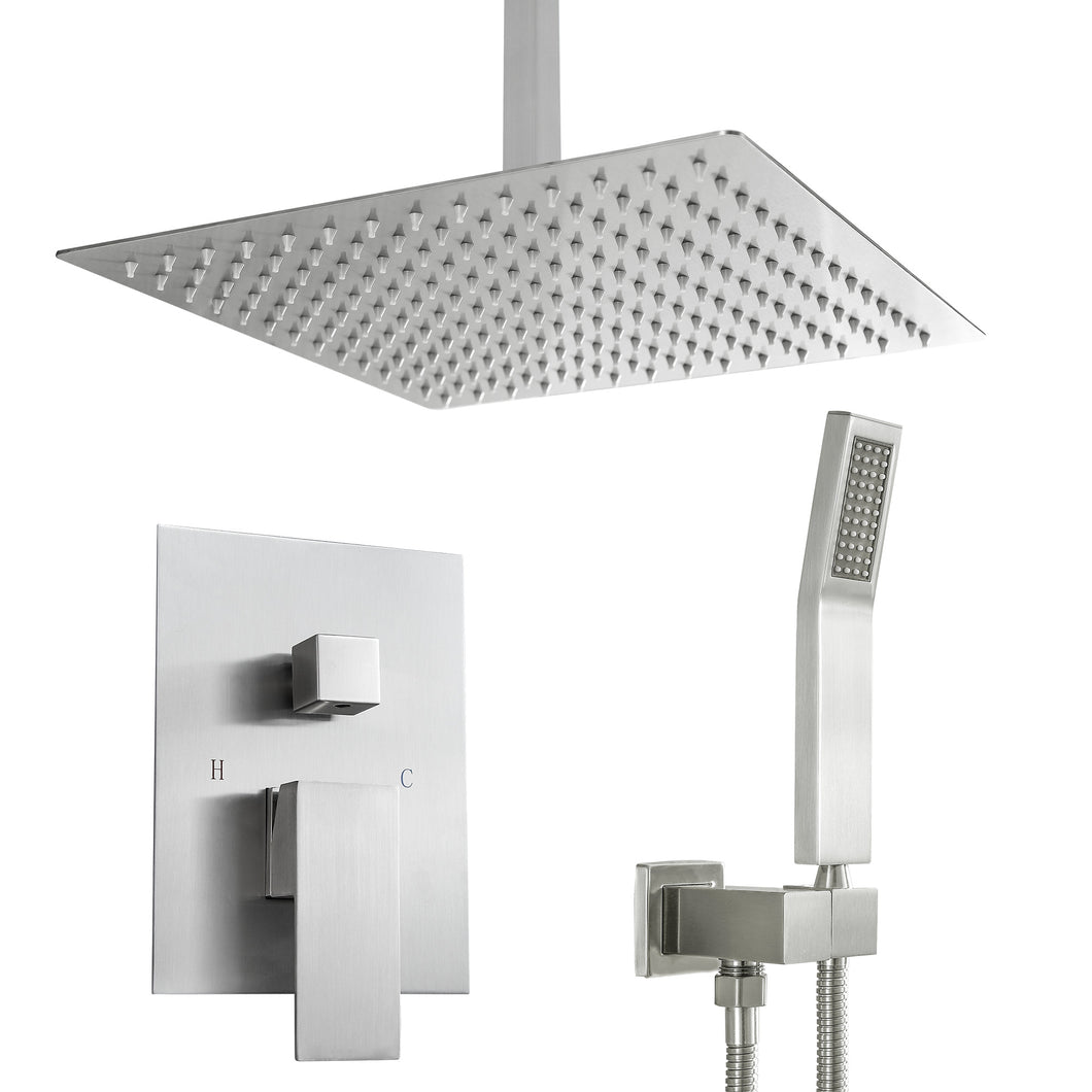 12 Inch Rainfall Square Shower System Ceiling Mounted in Brushed Nickel/Chrome(Valve Included)