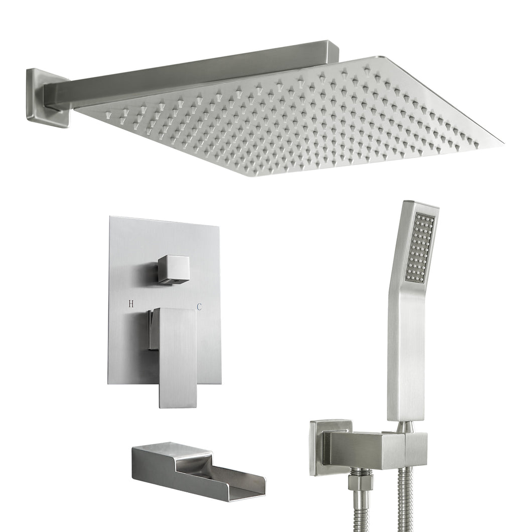 12 Inch Rainfall Square Shower System with Waterfall Faucet Wall Mounted (Valve Included)