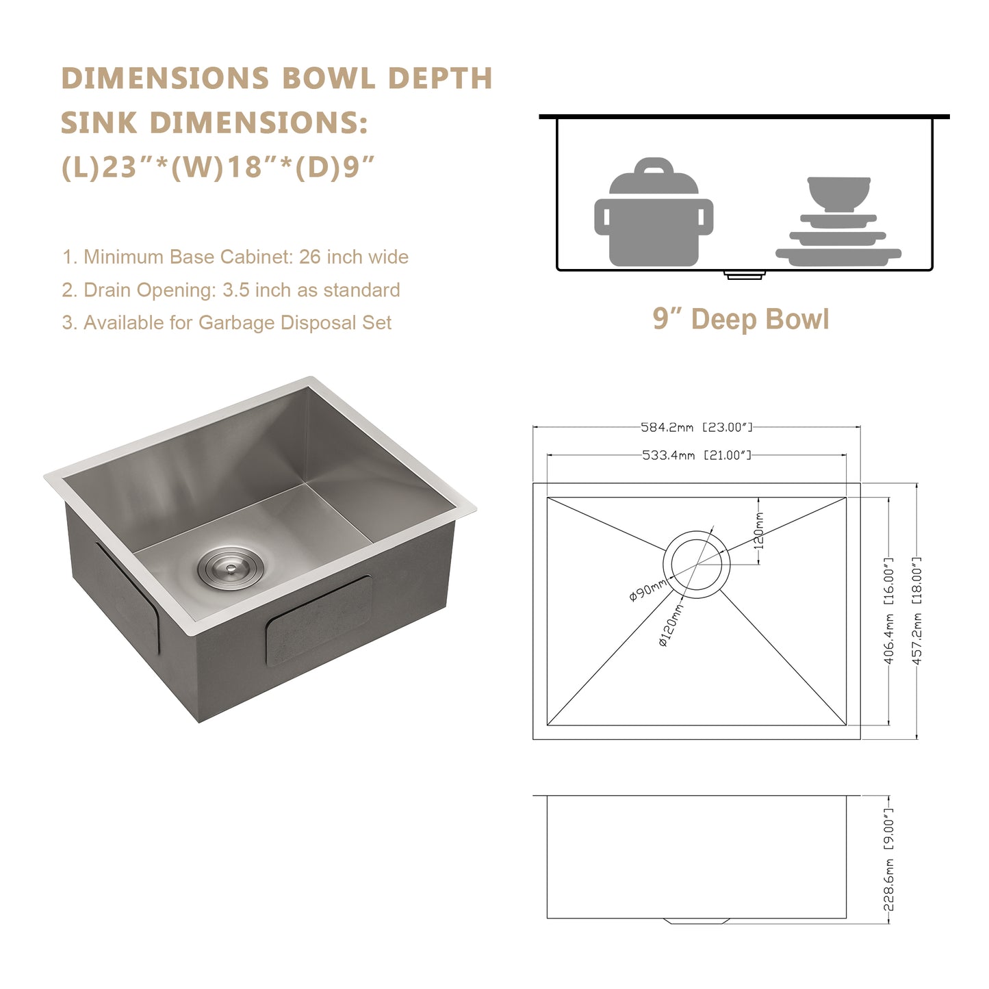 23'' W x 18'' D Undermount Kitchen Sink Bar Sink Stainless Steel Sing Bowl with Accessories