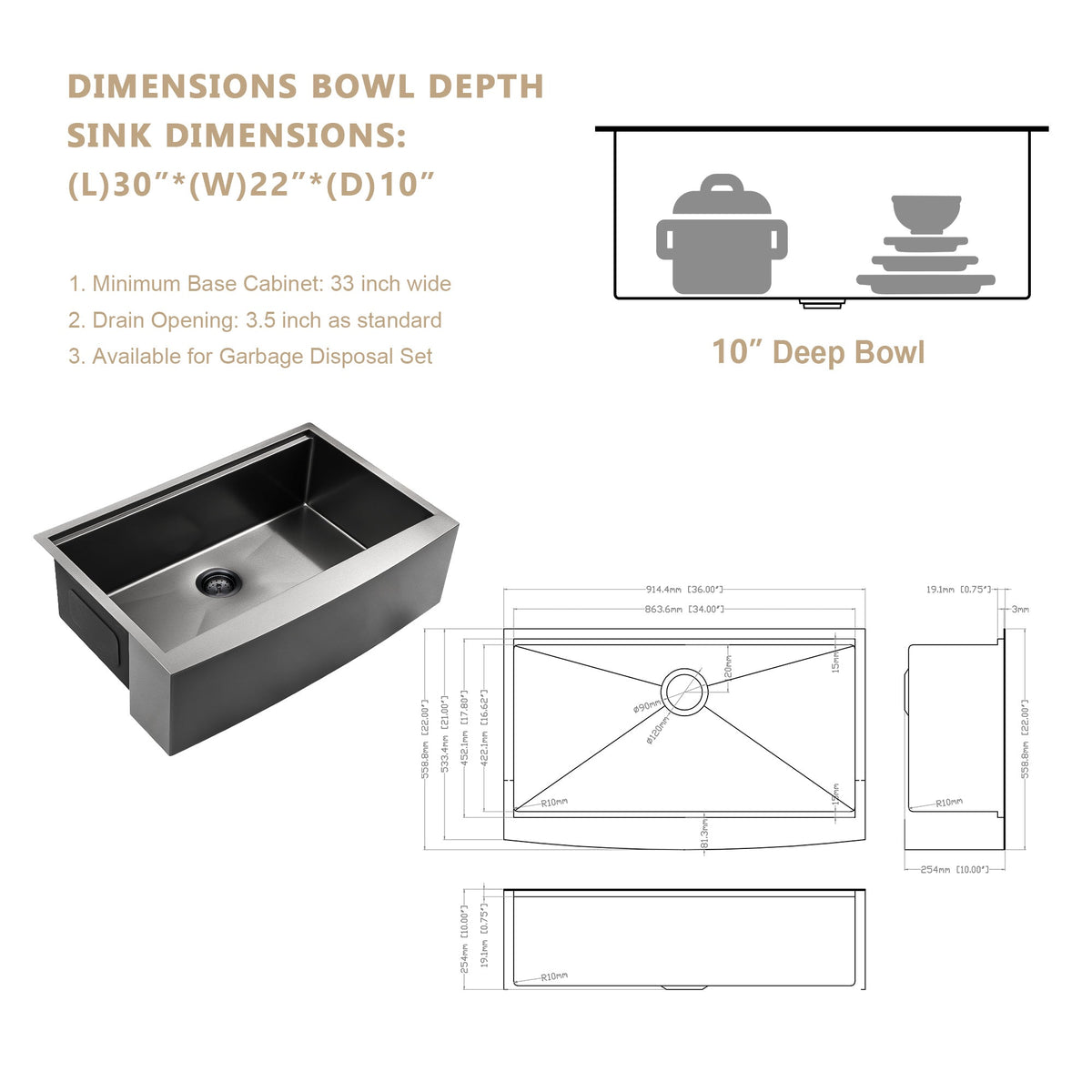 30'' W x 22'' D Farmhouse Kitchen Sink Single Bowl Stainless Steel in Gunmetal Black Apron Front Kichae USA