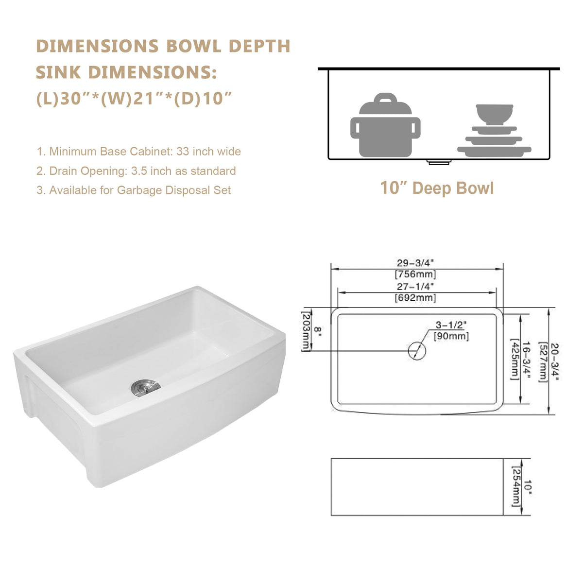 30'' W x 21'' D Farmhouse Kitchen Sink Thick White Ceramic with Drain Assembly Kichae USA