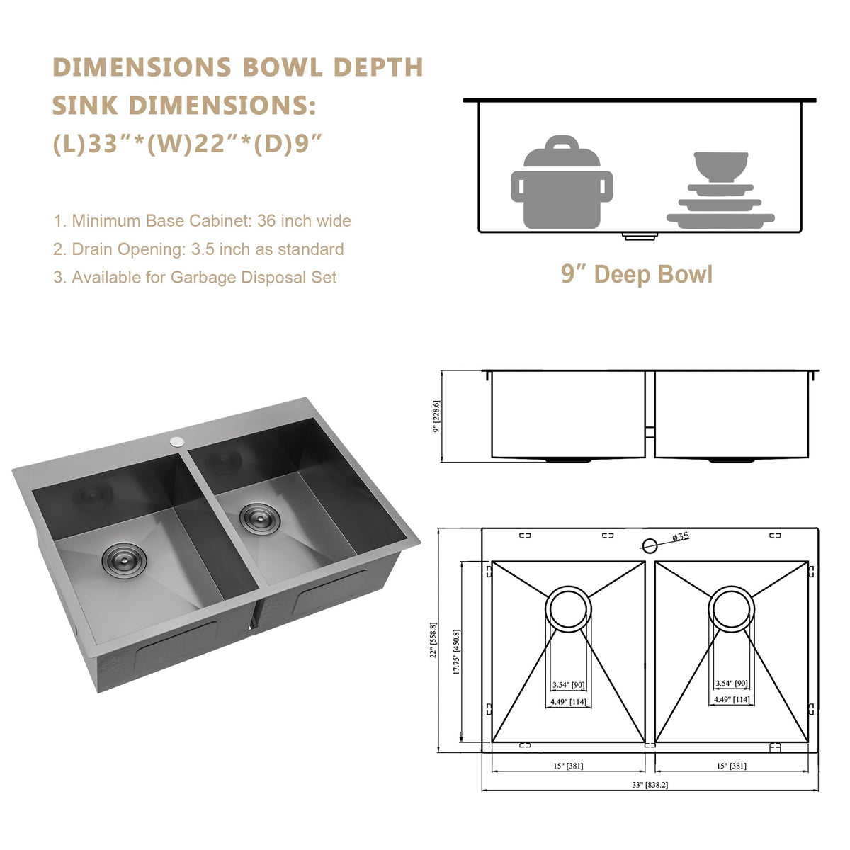 33'' W x 22'' D Topmount Kitchen Sink Double Equal Bowl Gunmetal Black Right Angle Kichae USA