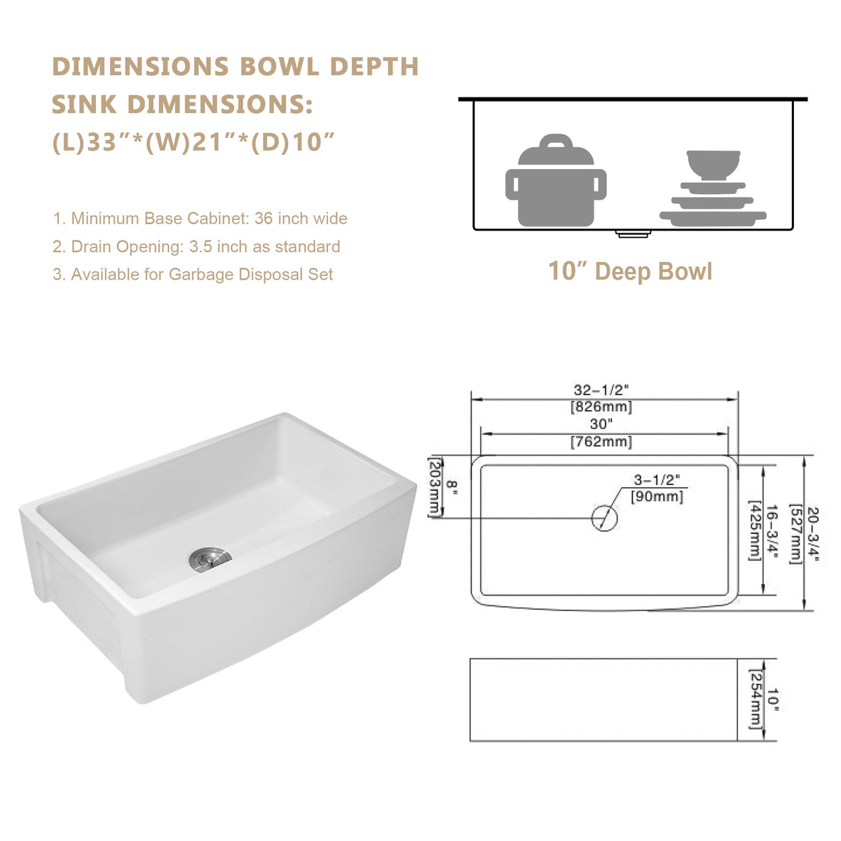 33'' W x 21'' D Farmhouse Kitchen Sink Deep Bowl White Ceramic with Bottom Grid Kichae USA