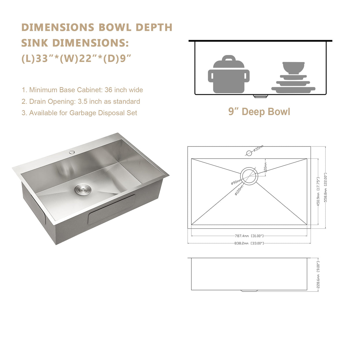 33'' W x 22'' D Topmount Kitchen Sink Single Bowl Stainless Steel 18 Gauge with Sink Grid Kichae USA