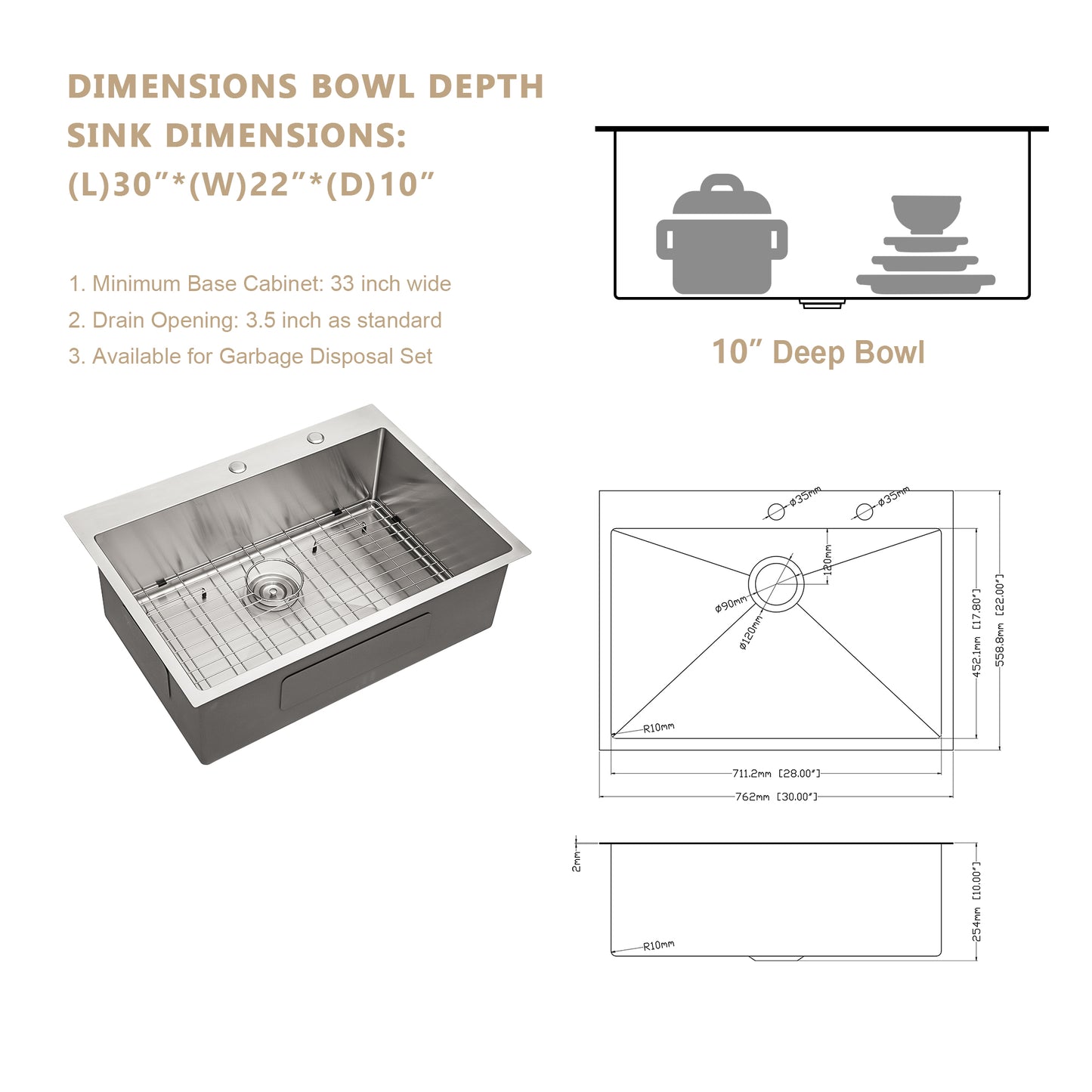 30'' W x 22'' D Topmount Kitchen Sink Stainless Steel Single Bowl with Bottom Grid