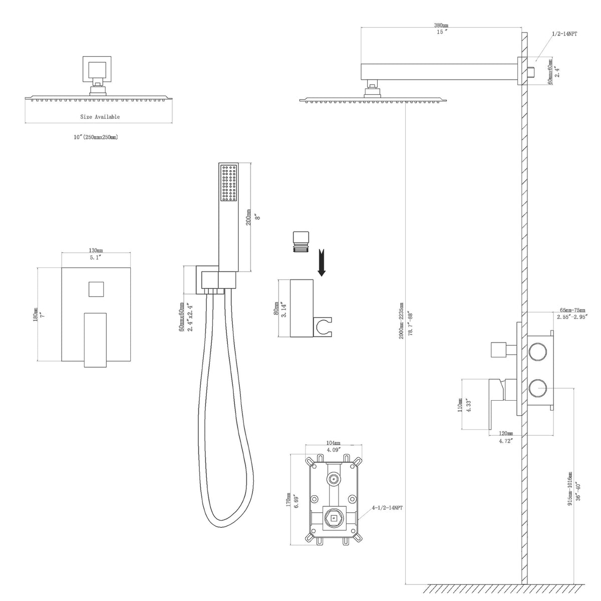 10 Inch Rainfall Square Shower System with Handheld Wall Mounted in Brushed Nickel (Valve Included) Kichae USA